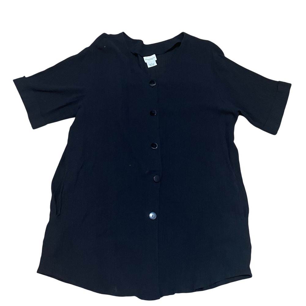 Vermont Country Store Women's L Black Lagenlook Crinkle Tunic Button Up Pockets